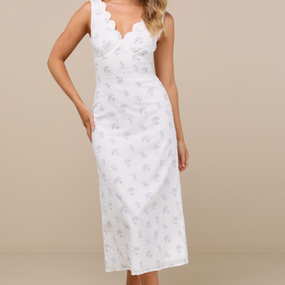 Lulus Natassa White Floral Swiss Dot Midi Dress - Size XS